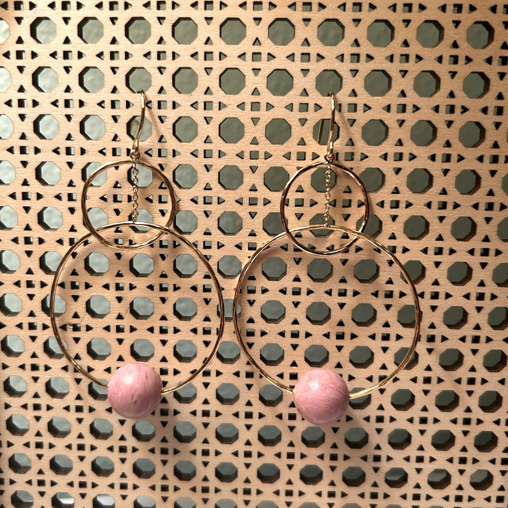 Gold and Pink Beaded Hoop Earrings